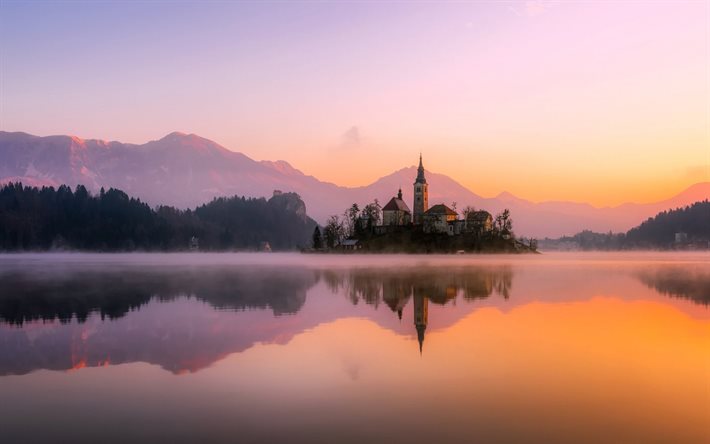 Bled, morning, sunrise, fog, Bled Lake, church on the island, landmark, Slovenia
