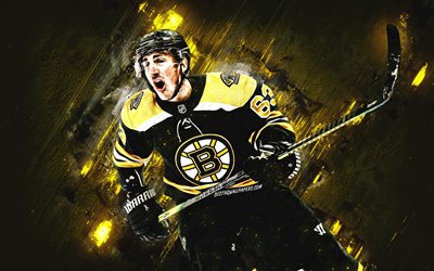 Brad Marchand, Boston Bruins, NHL, canadian hockey player, portrait, yellow stone background, National Hockey League