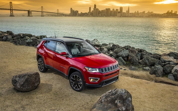 2020, Jeep Compass, front view, exterior, red SUV, new red Compass, San Francisco skyline, USA, American cars, Jeep