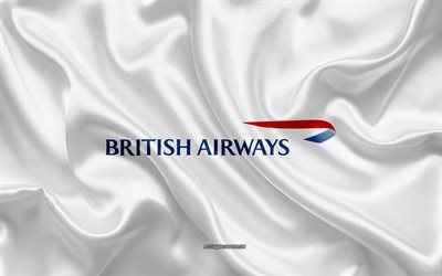 British Airways logo, compagnia aerea, di seta bianca, texture, compagnie aeree loghi, British Airways emblema, seta, sfondo, bandiera di seta, British Airways