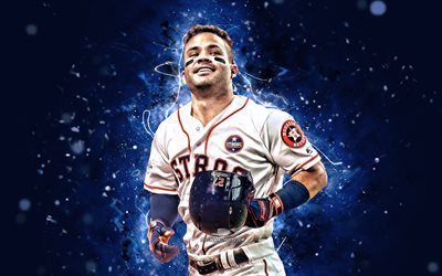Jose Altuve, 4k, MLB, Houston Astros, baseman, baseball, Jose Carlos Altuve, Major League Baseball, neon lights, Jose Altuve Houston Astros, Jose Altuve 4K