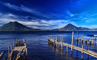 Guatemala, 4k, bryggor, berg, havet, vacker natur, Nordamerika
