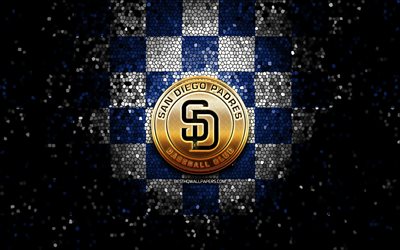 San Diego Padres, glitter logo, MLB, blue white checkered background, USA, american baseball team, San Diego Padres logo, mosaic art, baseball, America