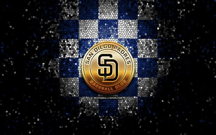 San Diego Pais, glitter logotipo, MLB, azul, branca, fundo quadriculado, EUA, americana time de beisebol, San Diego Padres logotipo, arte em mosaico, beisebol, Am&#233;rica