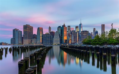 Brooklyn Bridge Park, New York, morgon, soluppg&#229;ng, skyline, New York-staden, New yorks skyskrapor, 1 World Trade Center, En WTC, Freedom Tower, East River, USA