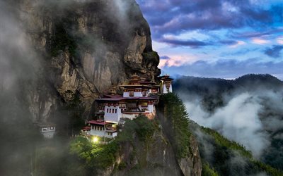 Taktsang Palphug Monastery, Paro Taktsang, evening, sunset, Himalayas, forest, mountain landscape, Bhutan