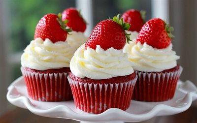 strawberry cakes, pastries, desserts, sweets, strawberries, cakes with berries