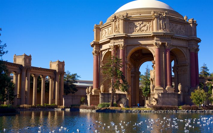 Palace of Fine Arts, San Francisco, landmark, morning, lake, columns, California, USA