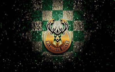 Milwaukee Bucks, glitter-logo, NBA, vihre&#228; ruskea ruudullinen tausta, USA, amerikkalainen koripallo joukkue, mosaiikki taidetta, koripallo, Amerikassa