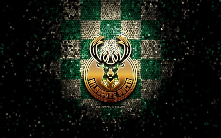 Milwaukee Bucks, glitter logo, NBA, green brown checkered background, USA, american basketball team, mosaic art, basketball, America
