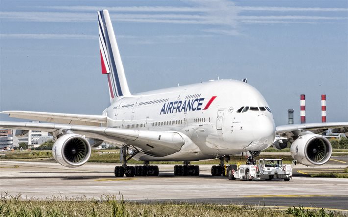 Airbus A380, Air France, matkustajakone, matkustaja matkustajakone, lentokentt&#228;, kiitotien, iso lentokoneita