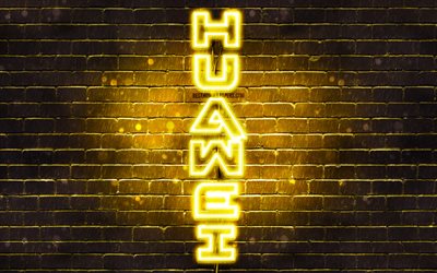 4K, Huawei keltainen logo, pystysuora teksti, keltainen brickwall, Huawei neon-logo, luova, Huawei logo, kuvitus, Huawei