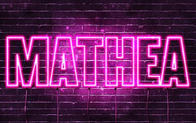 Mathea, 4k, pap&#233;is de parede com nomes, nomes femininos, nome Mathea, luzes de neon roxas, Happy Birthday Mathea, nomes femininos noruegueses populares, foto com nome Mathea