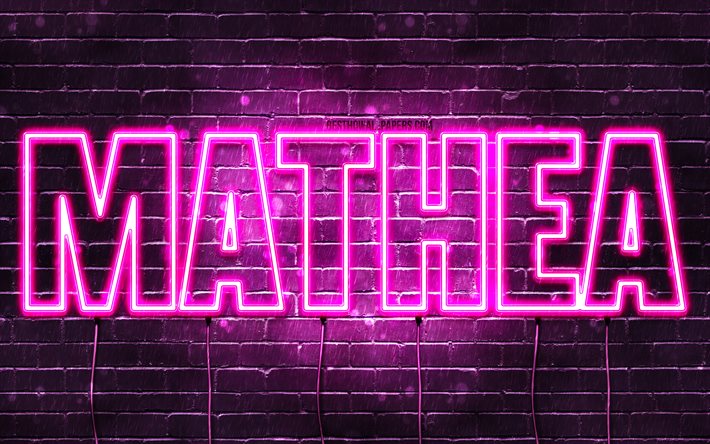 Mathea, 4k, pap&#233;is de parede com nomes, nomes femininos, nome Mathea, luzes de neon roxas, Happy Birthday Mathea, nomes femininos noruegueses populares, foto com nome Mathea
