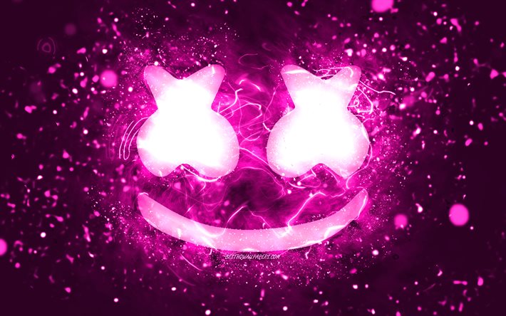Marshmello purple logo, 4k, Christopher Comstock, purple neon lights, creative, purple abstract background, DJ Marshmello, Marshmello logo, american DJs, Marshmello