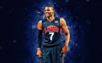 Russell Westbrook, 4k, USA Basketball Mens National Team, luci al neon blu, Russell Westbrook III, basket, nazionale maschile statunitense di pallacanestro, creativo, Russell Westbrook 4K