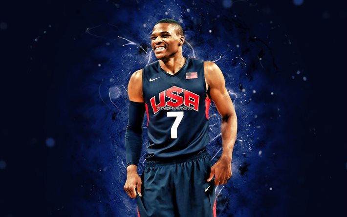 Russell Westbrook, 4k, ABD Basketbol Erkek Milli Takımı, mavi neon ışıklar, Russell Westbrook III, basketbol, ABD erkek milli basketbol takımı, yaratıcı, Russell Westbrook 4K
