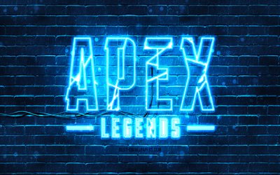 Apex Legends sininen tunnus, 4k, sininen tiilisein&#228;, Apex Legends -tunnus, automerkit, Apex Legends neon tunnus, Apex Legends