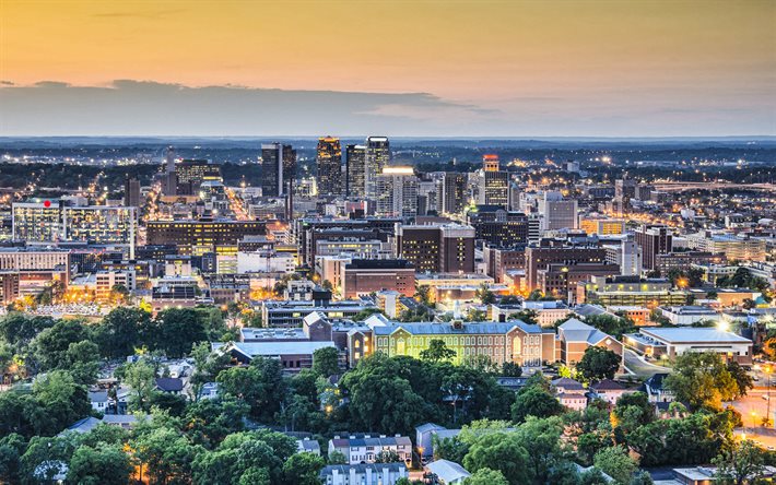 Birmingham, Alabama, akşam, g&#252;n batımı, Birmingham panorama, Birmingham cityscape, Amerikan şehirleri, ABD