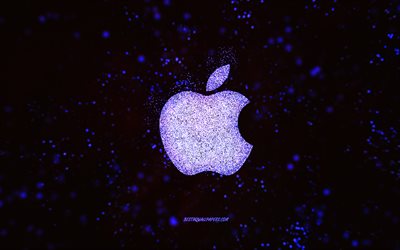 Elma parıltısı logosu, siyah arka plan, Apple logosu, mor parıltı sanatı, Apple, yaratıcı sanat, Apple mor parıltı logosu