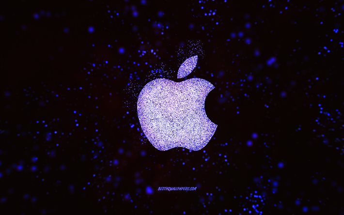 Logo de paillettes d’Apple, fond noir, logo d’Apple, art pourpr&#233; de scintillement, Apple, art cr&#233;ateur, logo pourpre de scintillement d’Apple