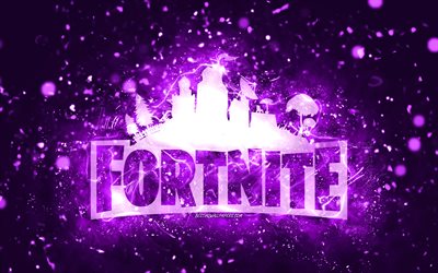 Logotipo violeta de Fortnite, 4k, luces de ne&#243;n violetas, creativo, fondo abstracto violeta, logotipo de Fortnite, juegos en l&#237;nea, Fortnite