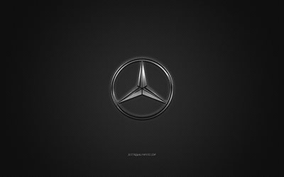 Mercedes-Benz-logo, hopeanv&#228;rinen logo, harmaa hiilikuitutausta, Mercedes-Benz-metallinen tunnus, Mercedes-Benz, automerkit, luova taide, Mercedes-logo