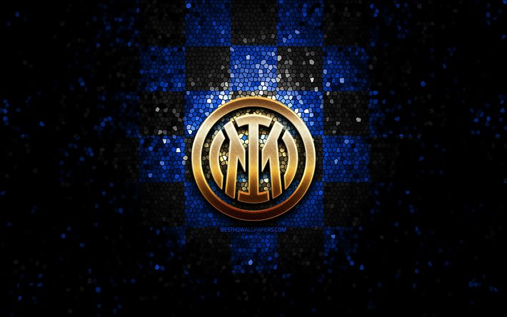 Inter de Mil&#225;n FC nuevo logotipo, logotipo brillante, Internazionale nuevo logotipo, Serie A, fondo a cuadros azul negro, f&#250;tbol, club de f&#250;tbol italiano, logotipo del Inter de Mil&#225;n, logotipo del Internazionale, arte en mosaico, Inter