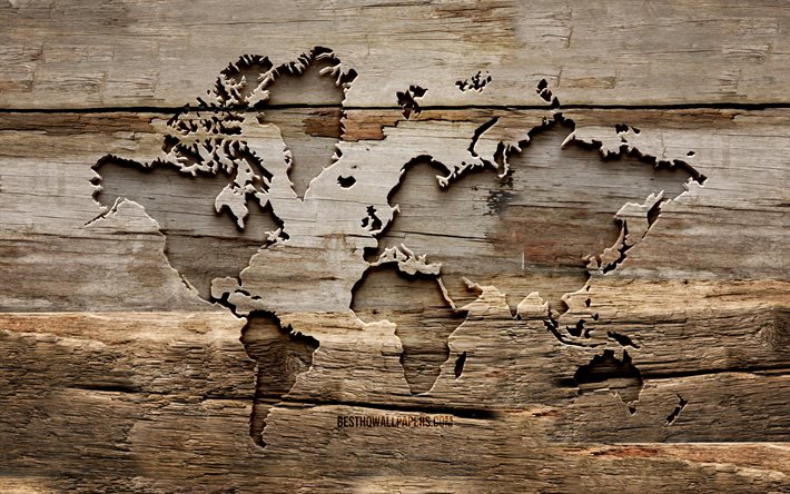 Mapa del mundo de madera, 4K, fondos de madera, globos, mapa del mundo, creativo, talla de madera, concepto de mapa del mundo