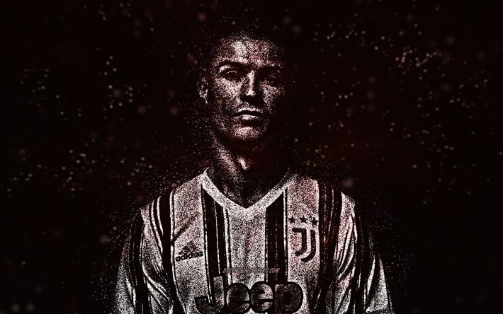 Cristiano Ronaldo, Juventus FC, glitter bianco, calciatore portoghese, CR7, sfondo nero, arte creativa, calcio