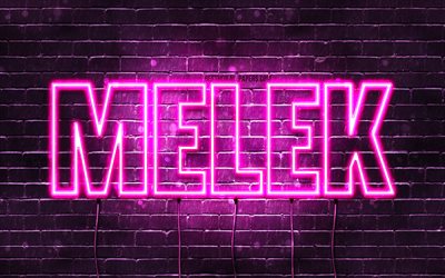 Melek, 4k, fonds d&#39;&#233;cran avec noms, noms f&#233;minins, nom Melek, n&#233;ons violets, joyeux anniversaire Melek, noms f&#233;minins turcs populaires, photo avec le nom Melek