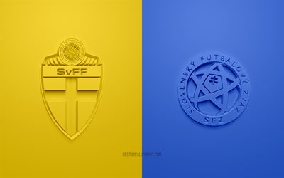 Suecia vs Eslovaquia, UEFA Euro 2020, Grupo E, logotipos 3D, fondo amarillo-azul, Euro 2020, partido de f&#250;tbol, Selecci&#243;n de f&#250;tbol de Suecia, Selecci&#243;n de f&#250;tbol de Eslovaquia