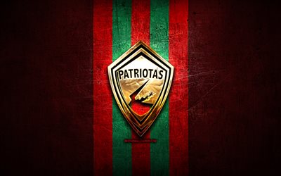 Patriotas FC, gyllene logotyp, Kategori Primera A, r&#246;d metall bakgrund, fotboll, colombiansk fotbollsklubb, Patriotas logotyp, Patriotas Boyaca