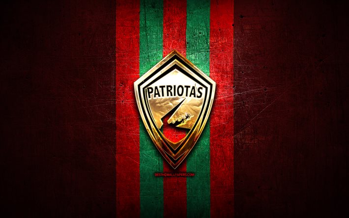 Patriotas FC, logotipo dourado, Categoria Primera A, fundo de metal vermelho, futebol, clube de futebol colombiano, logotipo Patriotas, Patriotas Boyaca