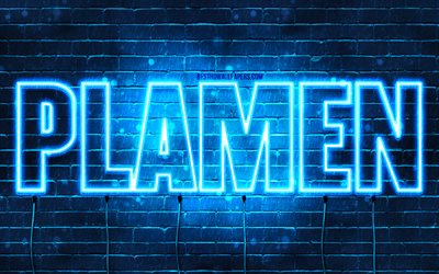 Plamen, 4k, fonds d&#39;&#233;cran avec des noms, nom de Plamen, n&#233;ons bleus, joyeux anniversaire Plamen, noms masculins bulgares populaires, photo avec le nom de Plamen
