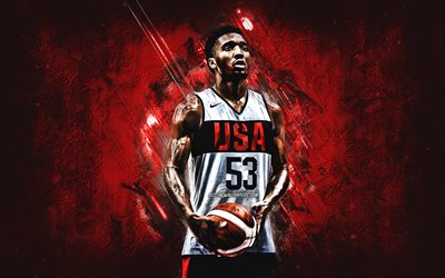 ドノバンミッチェル, アメリカ代表バスケットボールチーム, 米国, アメリカのバスケットボール選手, 縦向き, アメリカ合衆国バスケットボールチーム, 赤い石の背景