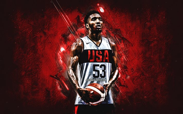 Donovan Mitchell, USA national basketball team, USA, American basketball player, portrait, United States Basketball team, red stone background