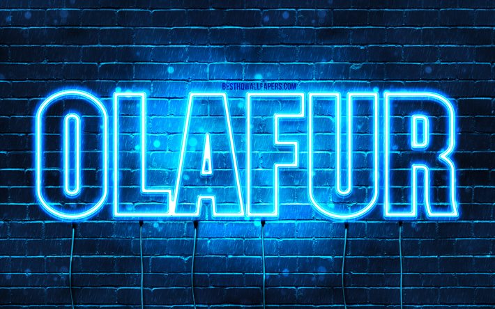 Olafur, 4k, pap&#233;is de parede com nomes, nome Olafur, luzes de n&#233;on azuis, Feliz Anivers&#225;rio Olafur, nomes masculinos islandeses populares, imagem com o nome Olafur