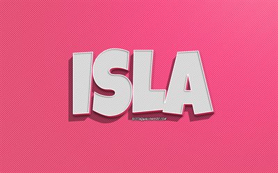 Isla, fond de lignes roses, fonds d&#39;&#233;cran avec des noms, nom Isla, noms f&#233;minins, carte de voeux Isla, dessin au trait, photo avec nom Isla