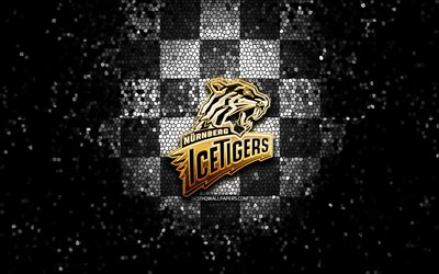 Nurnberg Ice Tigers, logo glitter, DEL, sfondo a scacchi bianco nero, hockey, squadra tedesca di hockey, logo Nurnberg Ice Tigers, arte del mosaico, Deutsche Eishockey Liga, campionato tedesco di hockey