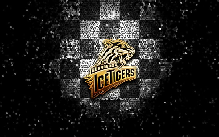 Nurnberg Ice Tigers, glitter-logo, DEL, mustavalkoinen ruutuinen tausta, j&#228;&#228;kiekko, saksalainen j&#228;&#228;kiekkojoukkue, Nurnberg Ice Tigers -logo, mosaiikkitaide, Deutsche Eishockey Liga, saksalainen j&#228;&#228;kiekkoliiga