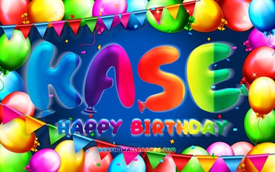 Joyeux anniversaire Kase, 4k, cadre ballon color&#233;, nom Kase, fond bleu, Kase joyeux anniversaire, Kase anniversaire, noms masculins am&#233;ricains populaires, concept d&#39;anniversaire, Kase