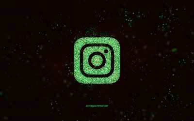 Instagram glitter logotyp, svart bakgrund, Instagram logotyp, gr&#246;n glitter konst, Instagram, kreativ konst, Instagram gr&#246;n glitter logotyp