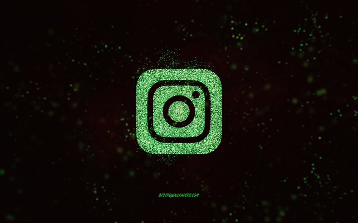 Instagramのキラキラロゴ, 黒の背景, Instagramのロゴ, 緑のキラキラアート, Instagram, クリエイティブアート, Instagramの緑のキラキラロゴ