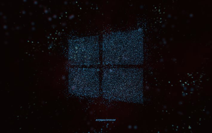 Windowsのキラキラロゴ, 黒の背景, Windowsロゴ, ブルーキラキラアート, Windows, クリエイティブアート, Windowsの青いキラキラロゴ, Microsoft Windows 10