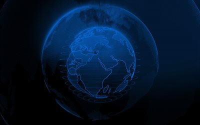 Blue digital globe, dark blue digital background, technology networks, global networks, dots globe silhouette, digital technology, dark blue technology background