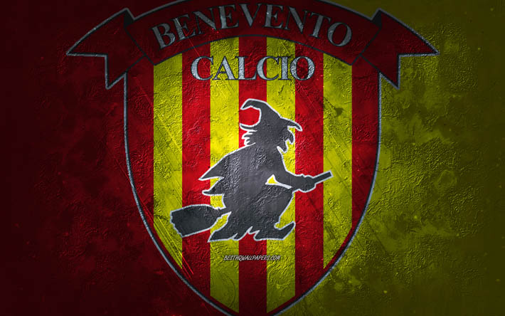 Benevento Calcio, time de futebol italiano, fundo vermelho amarelo, logotipo do Benevento Calcio, arte grunge, S&#233;rie A, futebol, It&#225;lia, emblema do Benevento Calcio