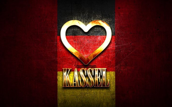 Kassel&#39;i seviyorum, alman şehirleri, altın yazıt, Almanya, altın kalp, bayraklı Kassel, Kassel, favori şehirler