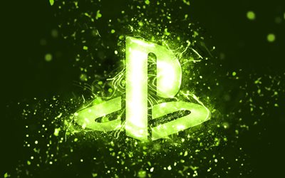 Logo PlayStation lime, 4k, luci al neon lime, creativo, sfondo astratto lime, logo PlayStation, PlayStation