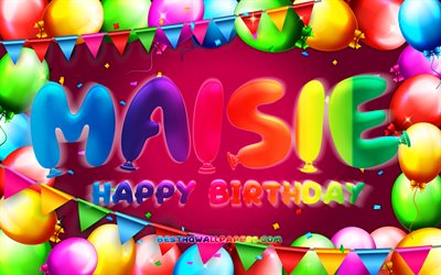 Happy Birthday Maisie, 4k, colorful balloon frame, Maisie name, purple background, Maisie Happy Birthday, Maisie Birthday, popular american female names, Birthday concept, Maisie